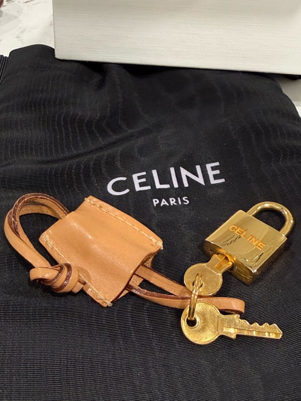 Celine Tan Leather Key Charm with Gold Padlock & Keys